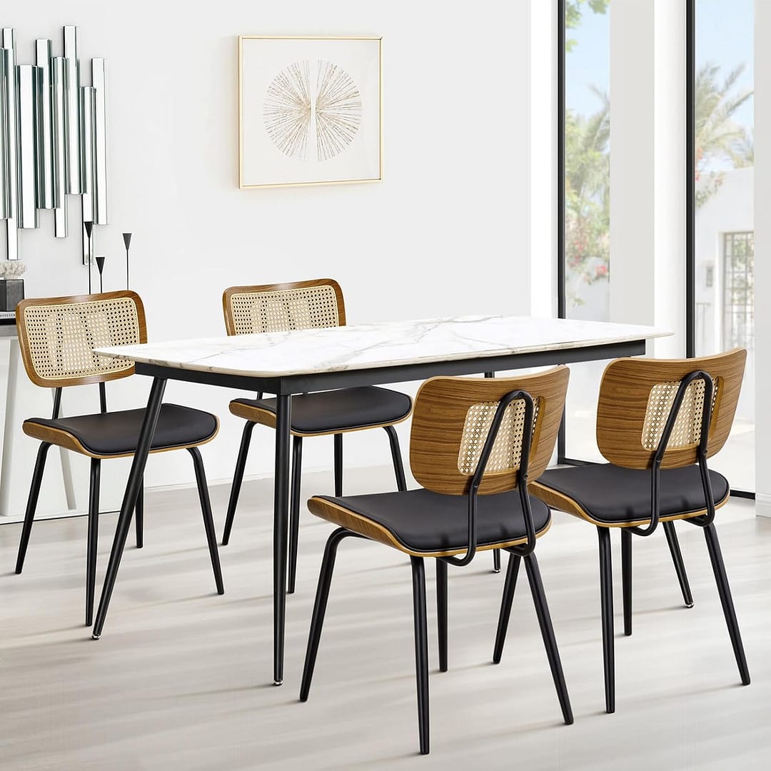 Black Dining Chairs Set of 4, Faux Leather Dining Chairs with Rattan Back, Mid Century Dining Room Chairs with Metal Legs, Modern Upholstered Armless Kitchen Side Chairs for Dinner