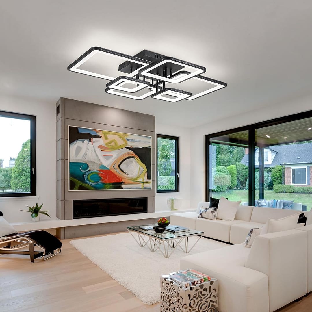 Modern LED Ceiling Light Fixture Black Kitchen Lighting Fixtures Ceiling for Bedroom 31.5″ Dimmable 6 Ring Square Ceiling Light for Kitchen with Remote Control for Living Room,Dining Room