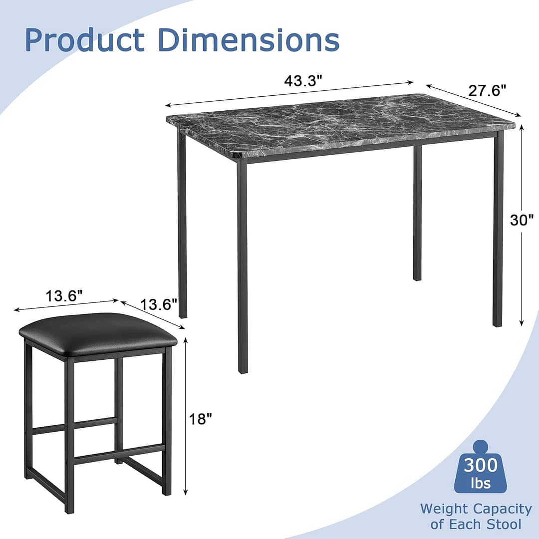 VECELO Kitchen Table and Chairs for 4, Dining Room Set with PU Chairs/Stools, Heavy-Duty Metal Frame, Faux Marble Tabletop, Space-Saving Design for Small Spaces, Easy Assembly, Black