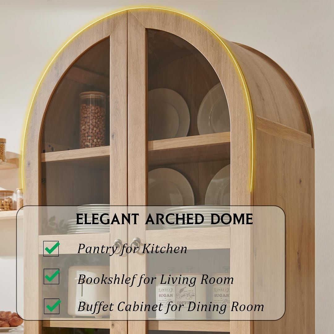 71″ Tall Arched Kitchen Pantry, Modern Farmhouse Wood Kitchens Storage Cabinets with 2 Large Drawers and Adjustable Shelves, Versatile Cupboard for Kitchen, Dining Room, Bathroom, Natrual