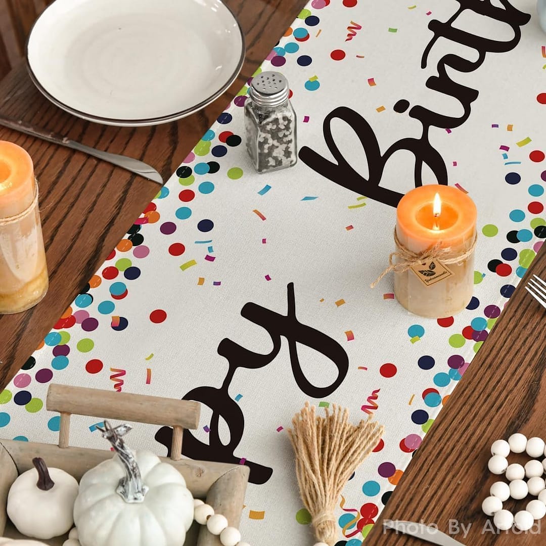 Artoid Mode Polka Dot Beige Happy Birthday Table Runner, Seasonal Kitchen Dining Table Decoration for Home Party Decor 13×72 Inch