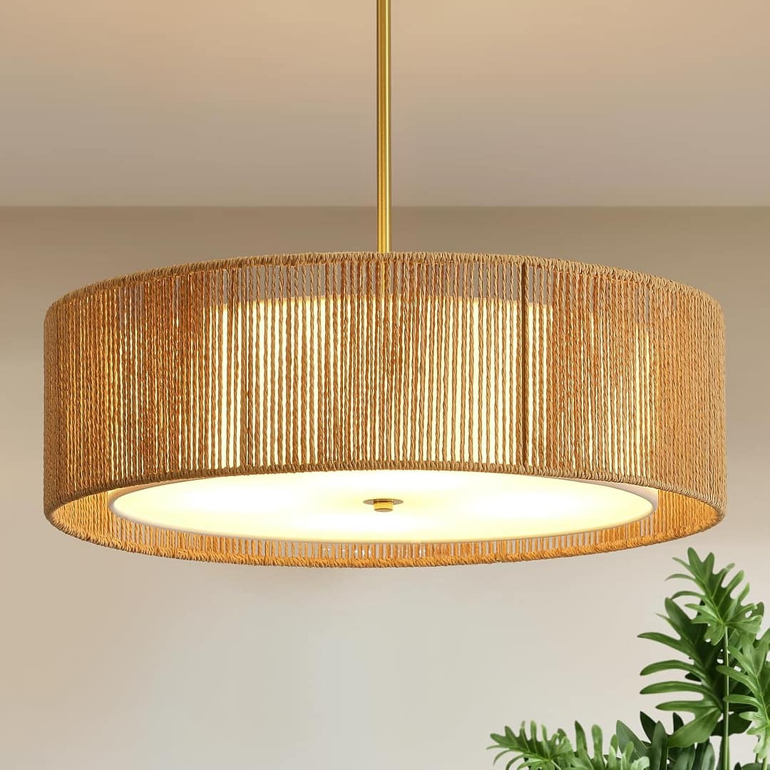 Boho Chandelier Chandeliers for Dining Room, Rattan Chandelier with Fabric Shade, Coastal Hand Woven Pendant Light Fixture for Kitchen Island Entryway Foyer Living Room Bedroom UL Listed