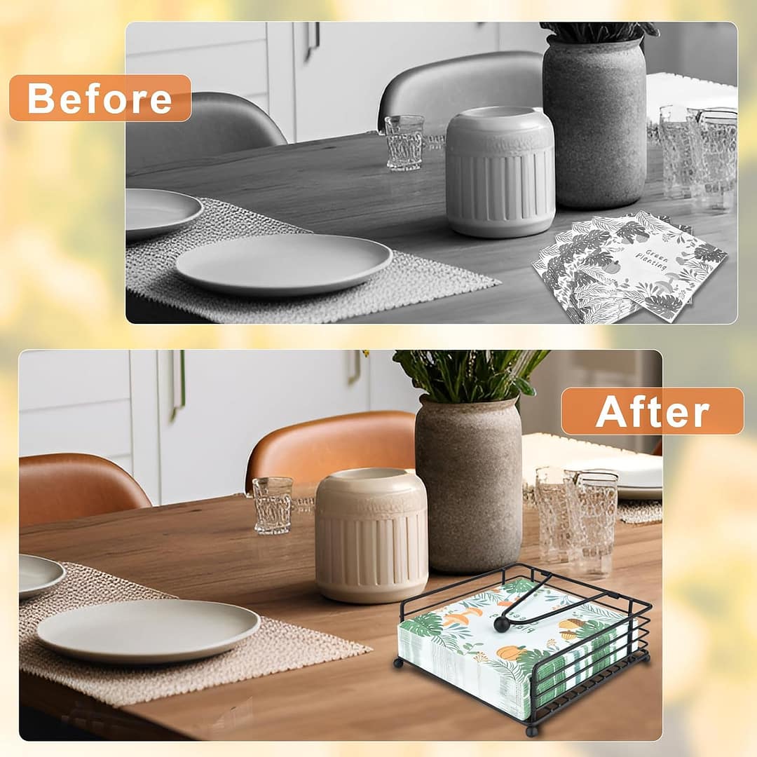 Napkin Holder for Table & Kitchen – Modern Flat Napkin Dispenser for Home & Outdoor Dining, Paper Napkin Holders with Weighted Arm for Easy Access – Keep Your Dining Area Tidy and Organized