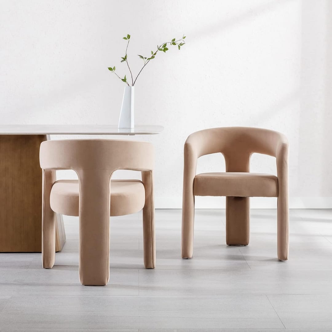 Modern Dining Chair Set of 6, Velvet Upholstered Barrel Kitchen Chair, Round Dining Chairs with Wooden Legs, Assembled Accent Armchairs for Dining Room/Living Room/Bedroom/Side, Khaki