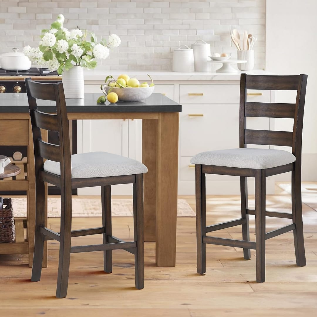 COLAMY Modern Counter Height Bar Stools Set of 2, 25 Inch Wood Kitchen Island Barstools with Ladder Back, Upholstered Fabric Bar Chairs with Wooden Legs for Dining Room Bar Shop, Brown Black