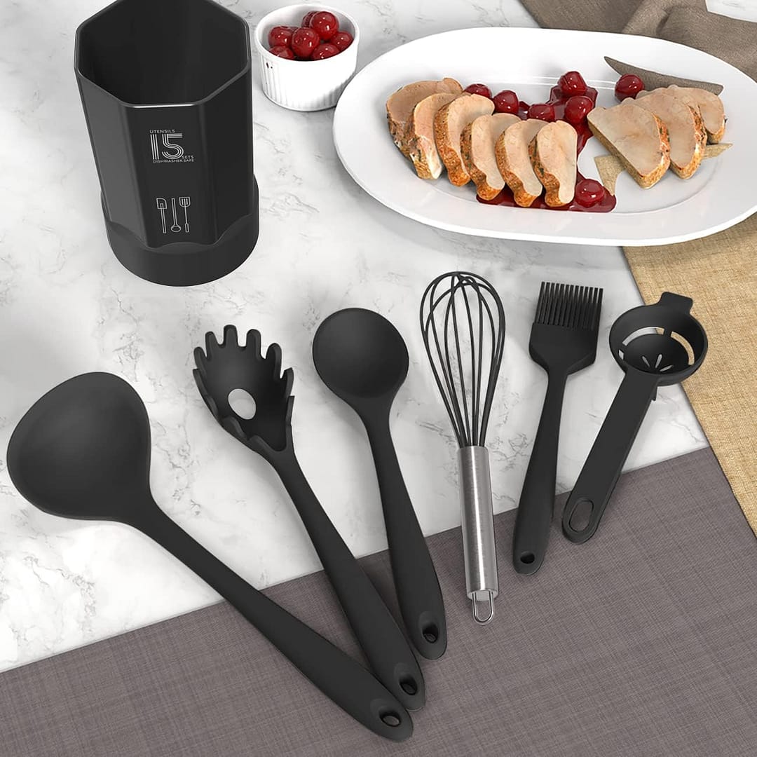 Silicone Cooking Utensils Set – 446F Heat Resistant Kitchen Utensils,Turner Tongs,Spatula,Spoon,Brush,Whisk,Kitchen Utensil Gadgets Tools Set for Nonstick Cookware,Dishwasher Safe (BPA Free)