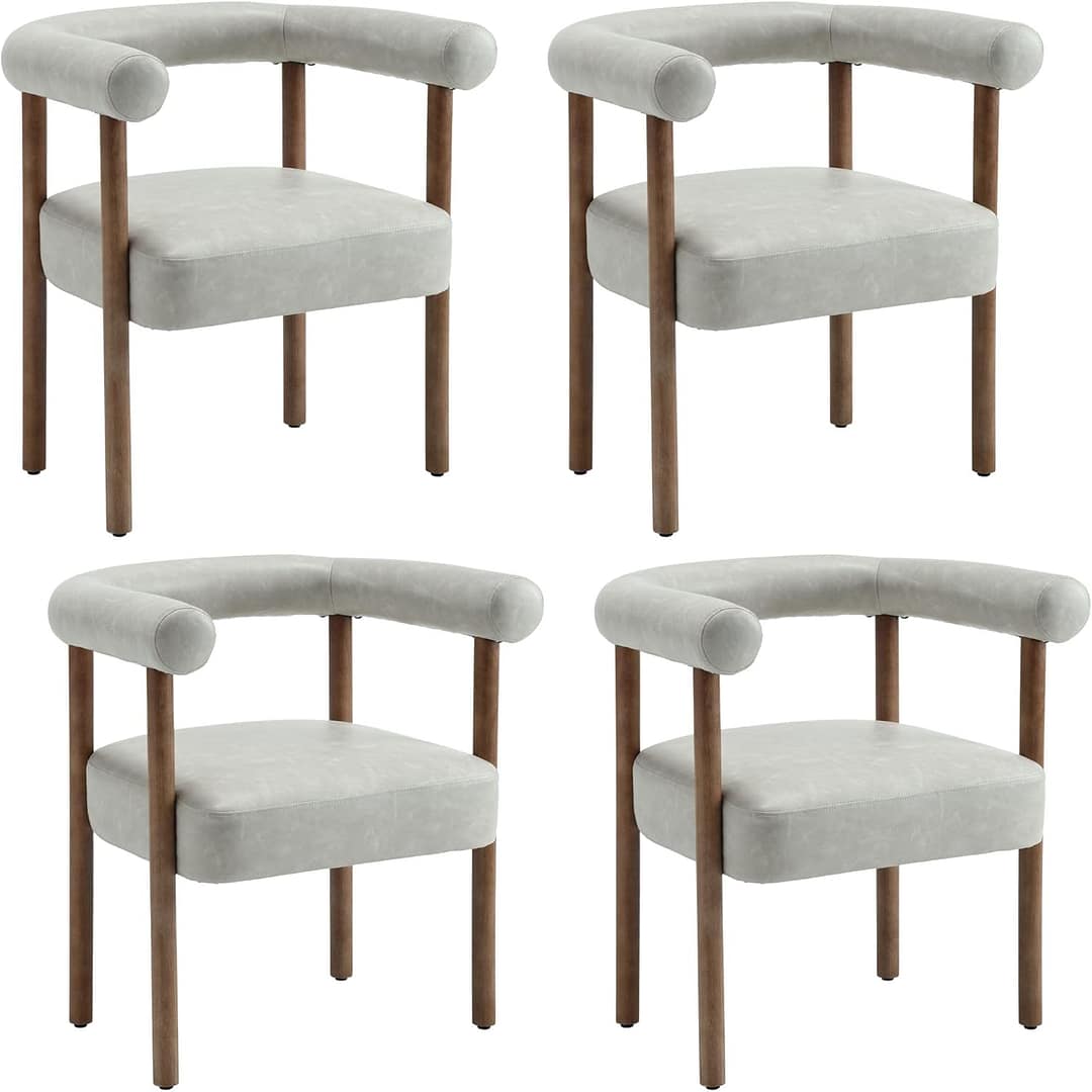 Mid-Century Modern Dining Chairs Set of 4, Armrest Barrel Dining Chairs Side Accent Chairs with Curved Back, Upholstered Wood Armchairs for Kitchen, PU Leather Grey