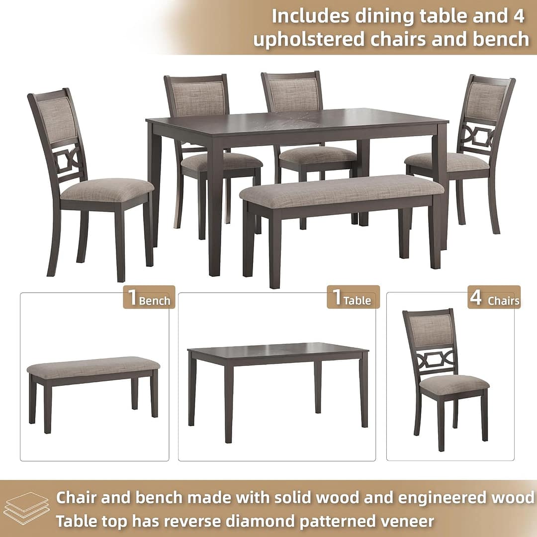 Signature Design by Ashley Wrenning Modern Diamond Patterned Dining Table with 4 Upholstered Chairs and Bench, Set of 6, Gray & Light Gray