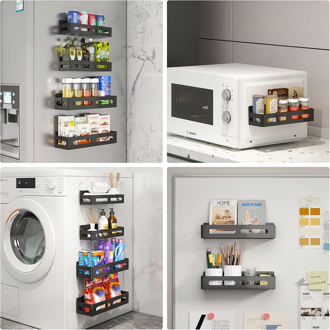 4 Pack Magnetic Spice Rack for Refrigerator, Spice Rack Organizer, Moveable Magnetic Shelf Fridge Organizer with 4 Hooks for Kitchen and Oven Organization, Black