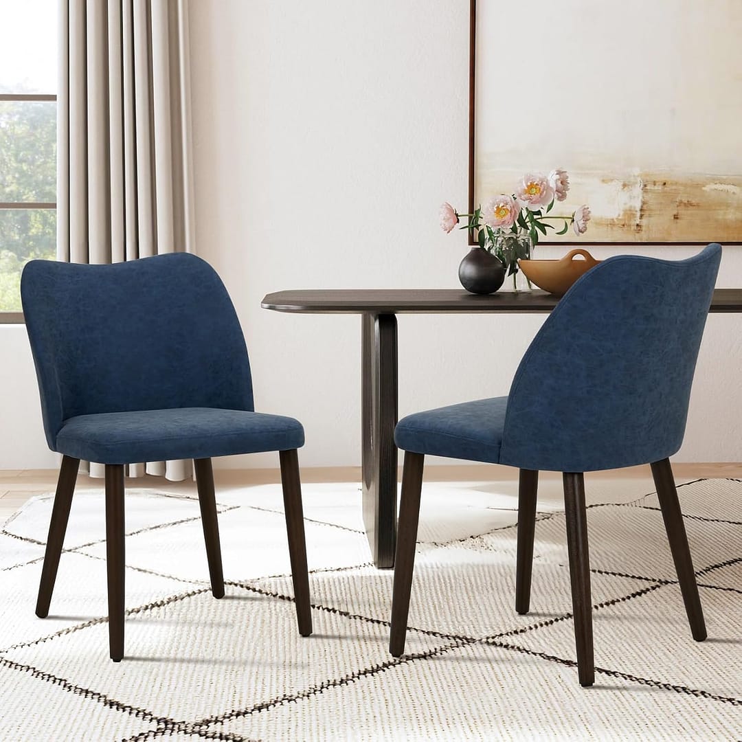 COLAMY Upholstered Dining Chairs Set of 6, Modern PU Leather Dining Room Kitchen Side Chair with Padded Seat and Wood Legs Restaurant/Cafe, Blue