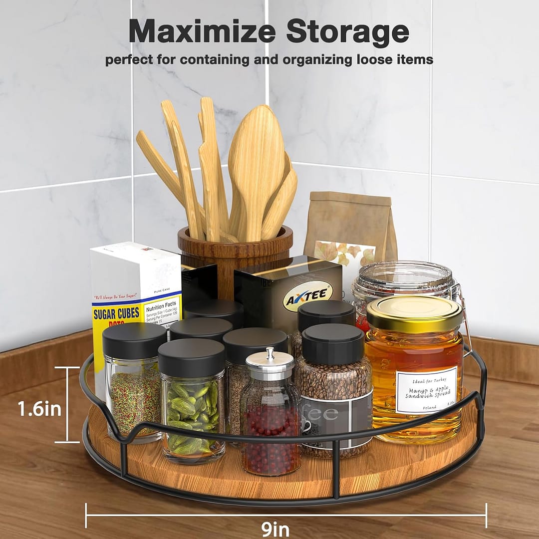 Lazy Susan Turntable Organizer for Cabinet Pantry Kitchen Countertop Refrigerator Cupboard, Pine Wood, 9″, Carbonized Black