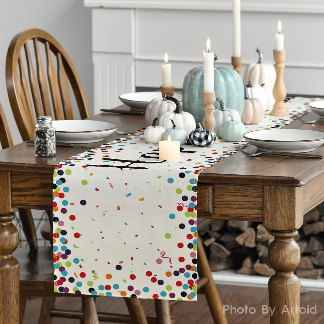 Artoid Mode Polka Dot Beige Happy Birthday Table Runner, Seasonal Kitchen Dining Table Decoration for Home Party Decor 13×72 Inch