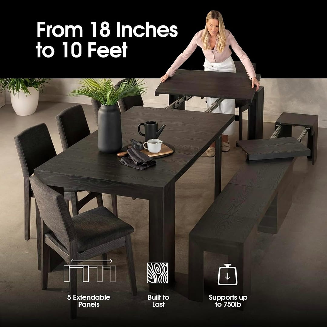 Transformer Table Dining Room Table for 2 to 12, Expandable Dining Table, Black Woode Dining Table, Extendable Kitchen Table, Space Saving Furniture (Black, Table + Coffee Table Storage)