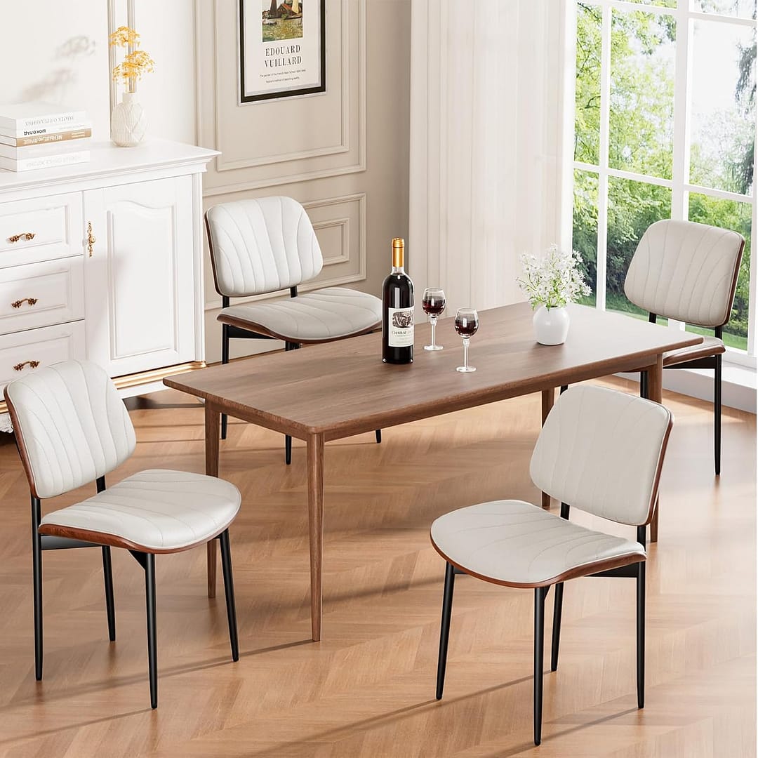 Dining Chairs Set of 4, Mid-Century Modern Upholstered PU Leather Chairs with Walnut Bentwood Back and Metal Legs Adjustable Feet for Kitchen Dining Room, Off-White Shell Strips