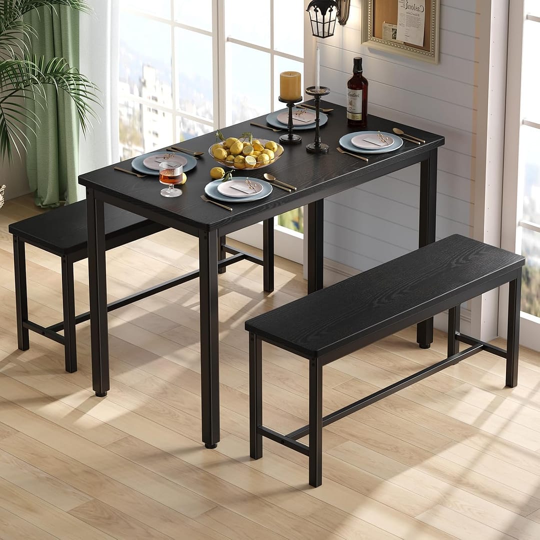 Tatub Dining Table Set for 4, 3-Piece Kitchen Table with 2 Benches, Space-Saving Dining Room Set for Breakfast Nook and Small Spaces, Black