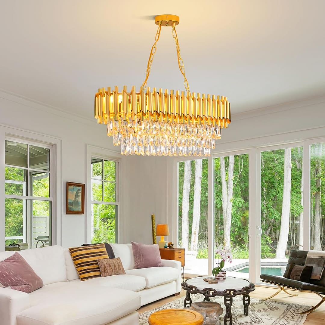Modern Crystal Chandeliers for Dining Room 8-Light Rectangular Gold Crystal Chandelier Living Room Oval Contemporary Linear Pendant Light Fixture for Kitchen Island Bar Restaurant L32