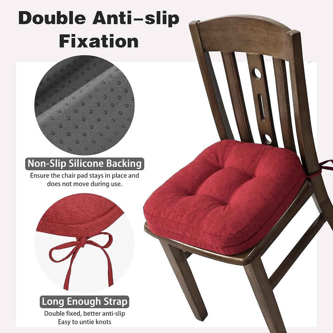 baibu Set of 6 Dining Chair Cushions, Dual-Layer Patent Design Memory Foam Kitchen Chair Cushions, Non-Slip Seat Pads with Ties, 16.5 x 16.5 x 3.5in, 6 Pack, Red