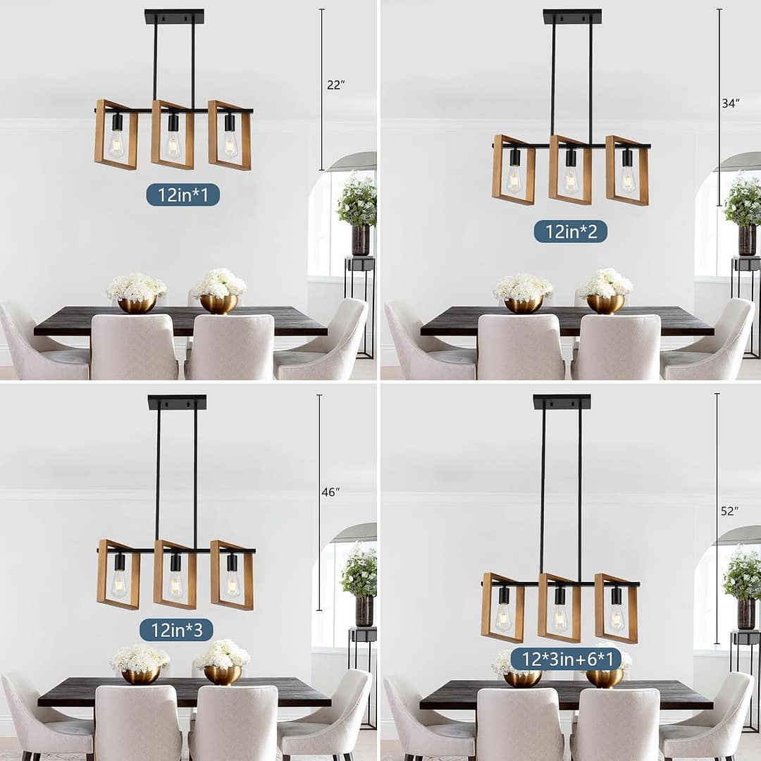 9MMML 3 Lights Kitchen Island Lighting, Black 3 Lights Dining Room Chandelier,Wood Frame Pendant Light for Living Room Foyer Entryway Hallway,E26