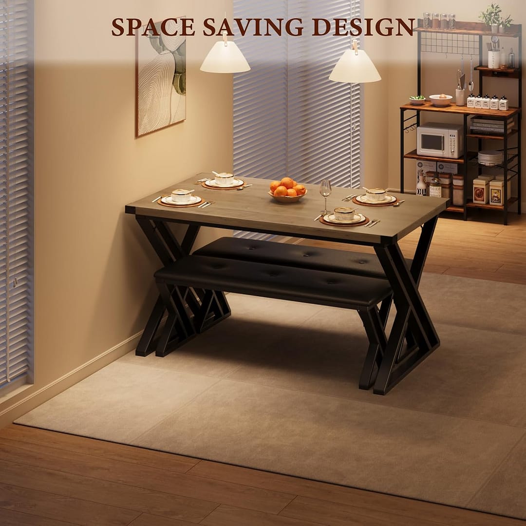 GAOMON Dining Table with 2 Benches, Kitchen Table Set for 4, 3 Piece Dining Table Set for Small Space, Apartment, Saving Space for Kitchen, Dining Room (1.18” Inch Cusion)