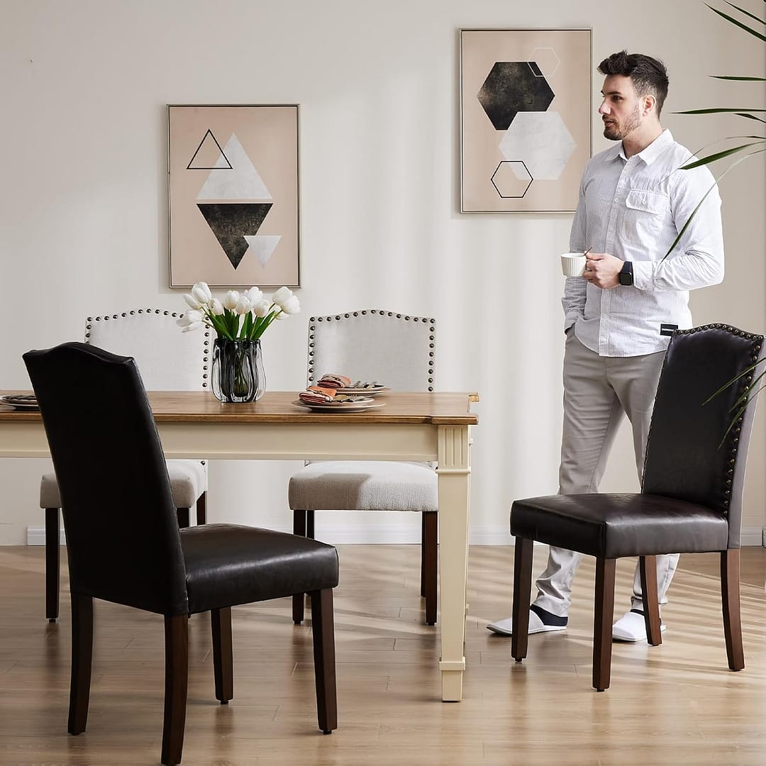 Sweetcrispy Dining Chairs Set of 6, Upholstered Leather Kitchen Room Chairs Mid Century Modern High-End Dining Room Side Chairs with Nailhead Trim and Wood Legs for Bedroom, Living Room, Brown