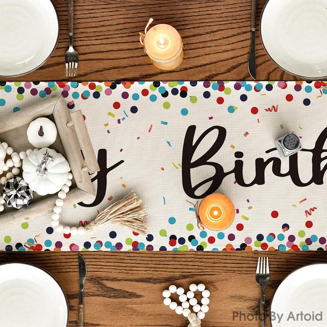 Artoid Mode Polka Dot Beige Happy Birthday Table Runner, Seasonal Kitchen Dining Table Decoration for Home Party Decor 13×72 Inch