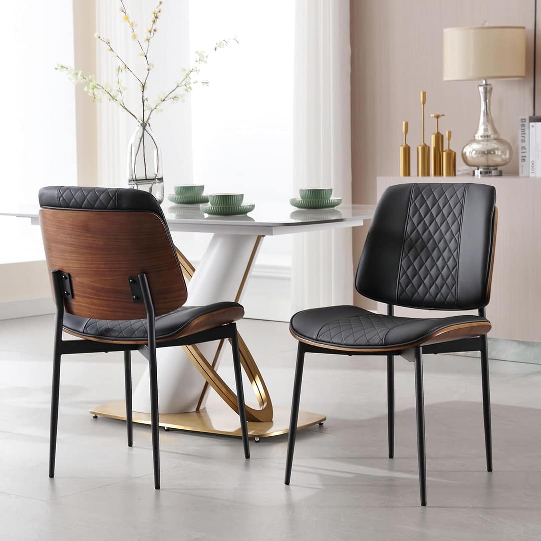 BV Dining Chairs Set of 6, PU Leather Armless Kitchen Chair in Modern Walnut Style, Mid Century Bentwood Side Chair with Metal Legs, Retro Accent Guest Chair for Kitchen Dining Room(Black)