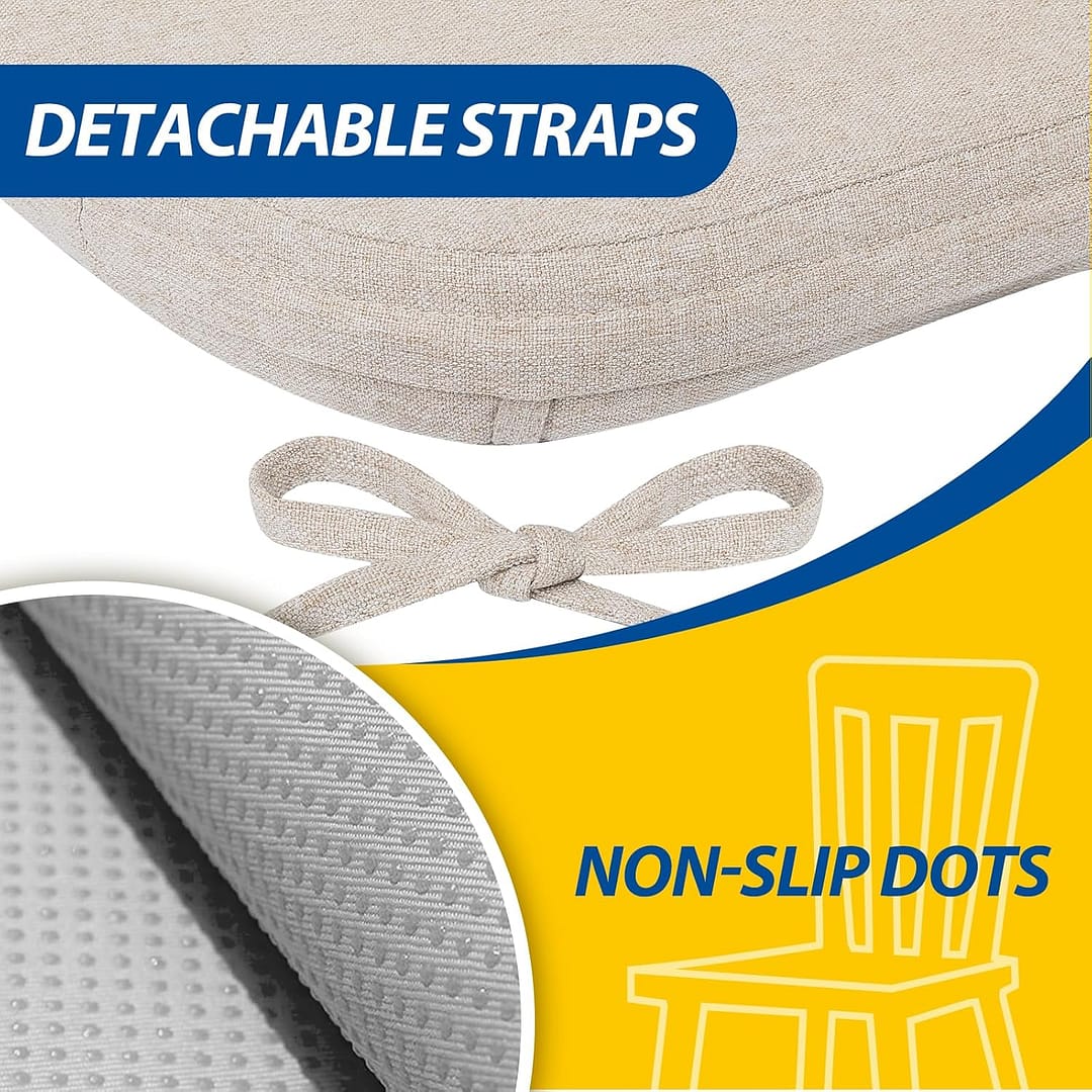 AAAAAcessories D-Shaped Chair Cushions for Dining Chairs with Ties and Removable Cover, 2” Thick Dining Kitchen Chair Pads, Indoor Dining Room Chair Cushions, 17” x 16”, 6 Pack, Beige