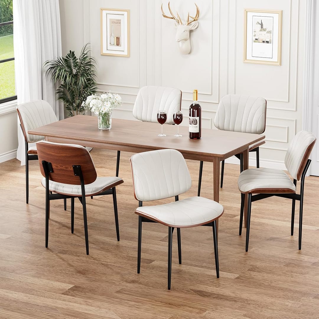 Dining Chairs Set of 4, Mid-Century Modern Upholstered PU Leather Chairs with Walnut Bentwood Back and Metal Legs Adjustable Feet for Kitchen Dining Room, Off-White Shell Strips
