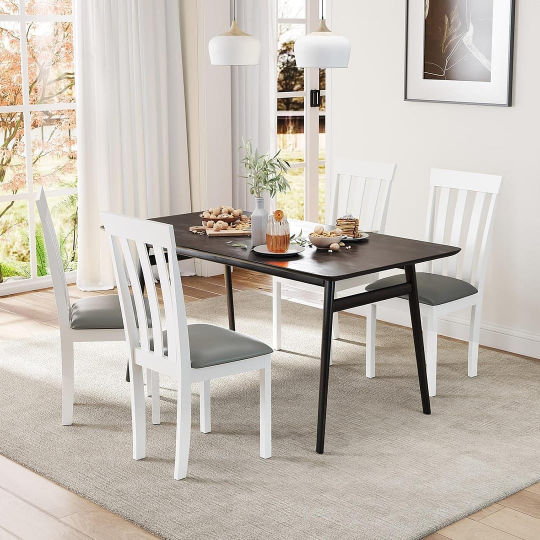 Giantex Wood Dining Chair Set of 4, Upholstered Wooden Kitchen Chairs with Padded Seat & Rubber Wood Frame, Mid Century Dining Side Chairs for Kitchen, Dining Room, Restaurant, White & Grey