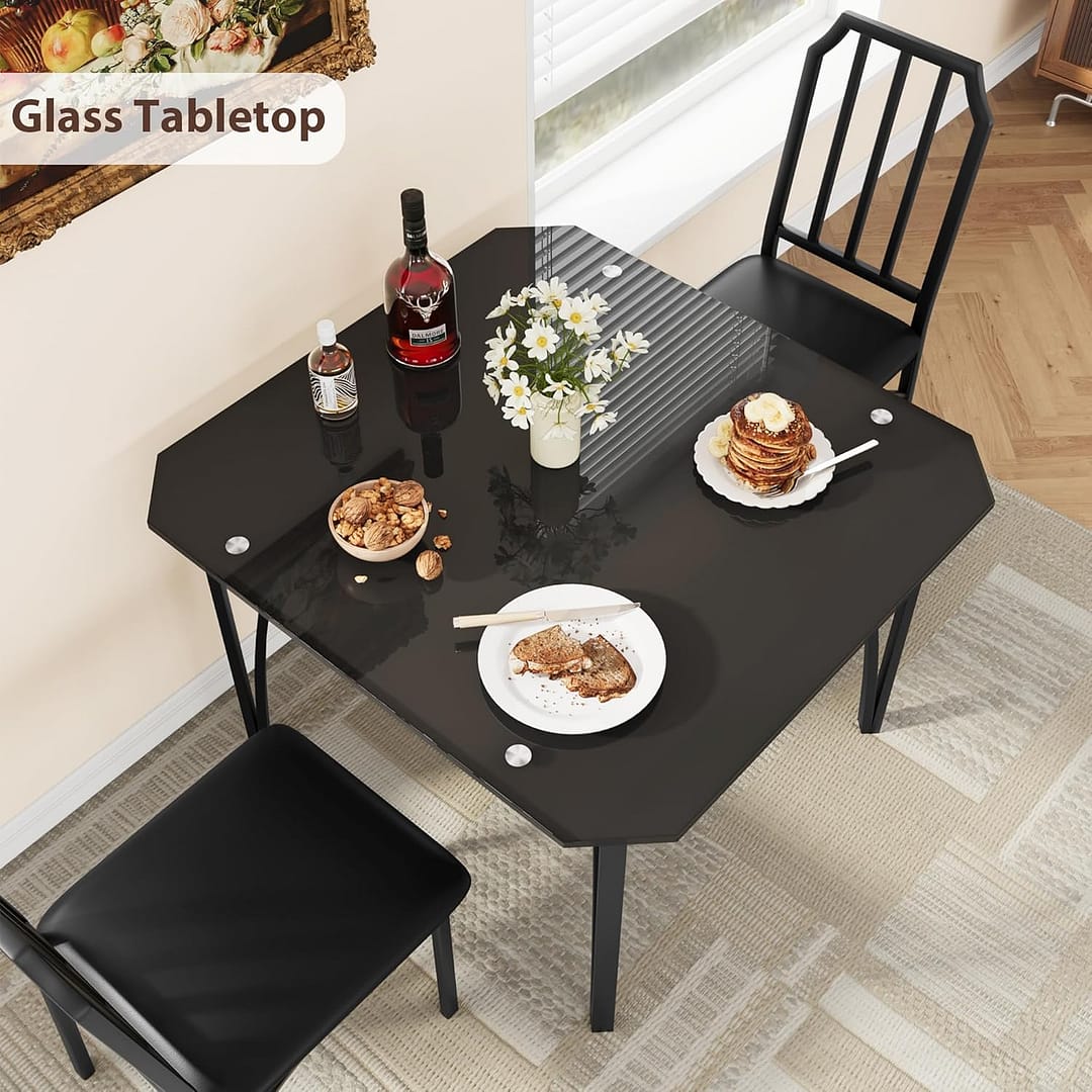 IDEALHOUSE Dining Table Set for 2, Kitchen Table Chairs Set of 2 with Ultra Comfortable PU Cushion, Dining Room Table Set for 2 Furniture with Kitchen Chairs Suitable for Small Space – Black Glass