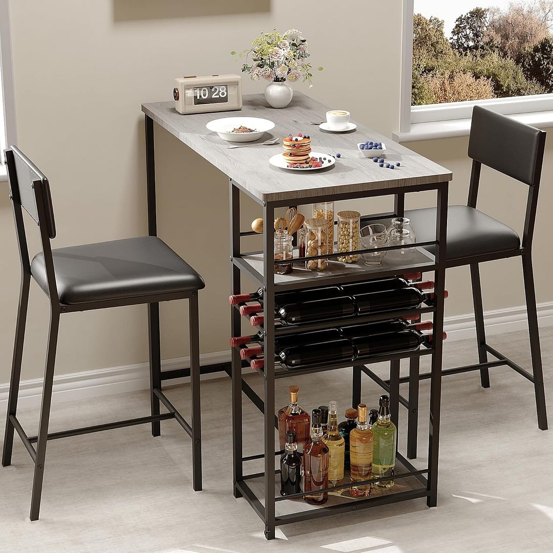 IDEALHOUSE Dining Room Table with 2 Upholstered Chairs, Bistro Table and Chairs Set of 2 with Storage Shelves, Dining Table and Chairs with Metal Frame, Small Kitchen Table for Apartment, Home