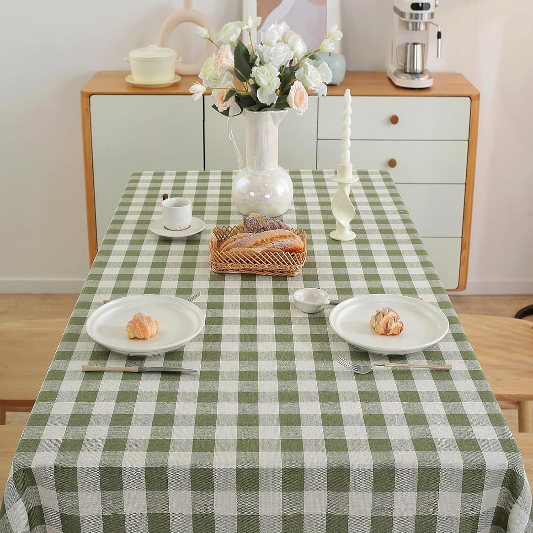 Checkered Tablecloth Rectangle Cotton Linen Fabric Gingham Table Cloth Buffalo Plaid Table Cover with Tassel Wrinkle Free Washable for Kitchen Dining Picnic, Green and White, 55X106”
