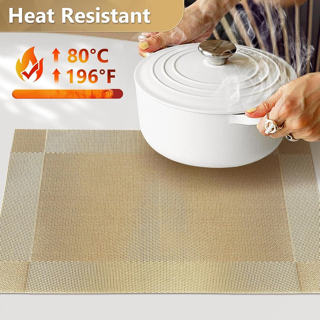 FGSAEOR Placemats Set of 6, Place Mats for Kitchen Dining Table, Heat-Resistant Anti-Skid Stain Washable PVC Table Mats, Easy to Cleaning Woven Vinyl Dinner Mats, Gold