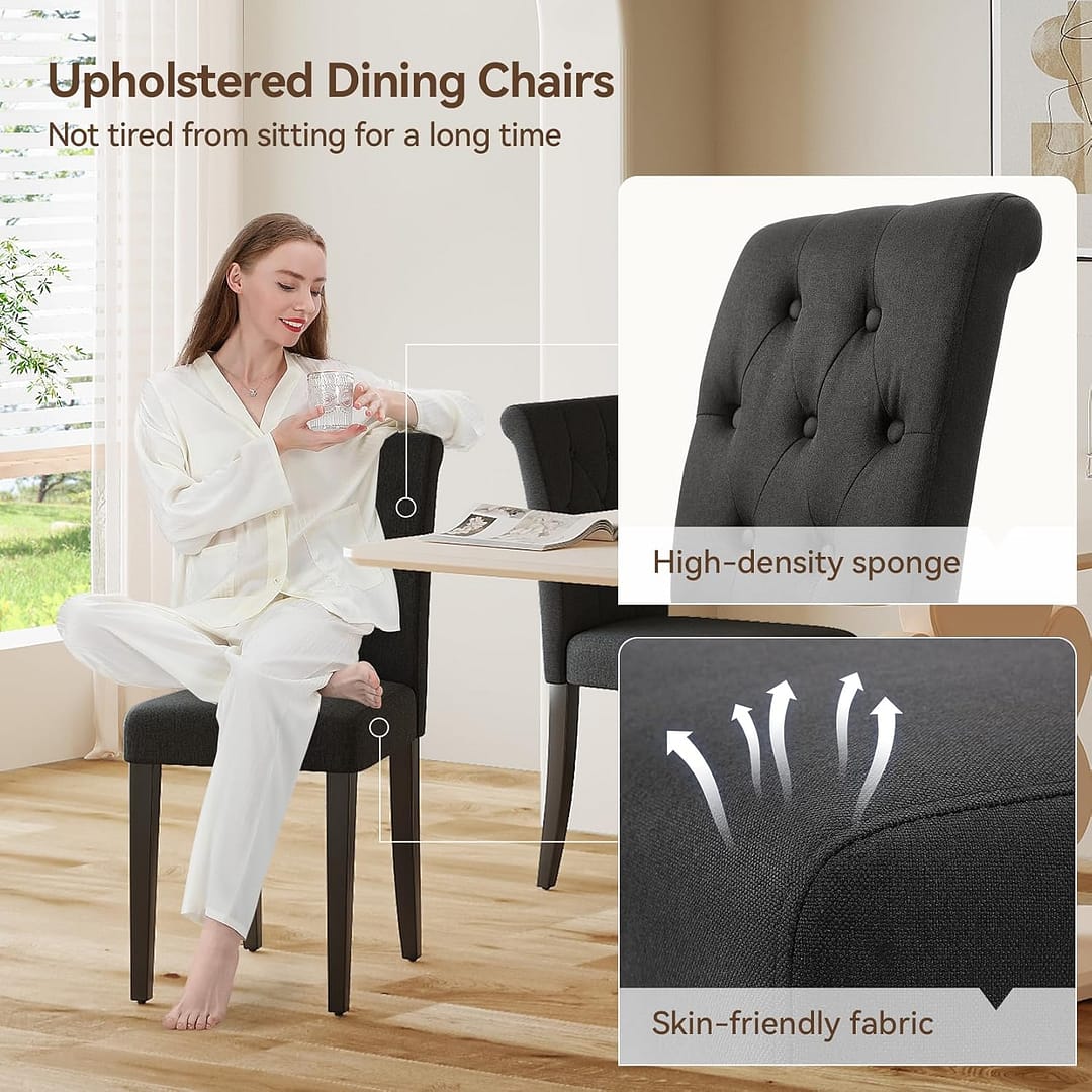 Upholstered Dining Chairs Set of 2, Button Tufted Parsons Dining Chair with Solid Wood Legs, Modern Fabric Side Chair for Dining Room/Kitchen/Restaurant/Hotel- Black