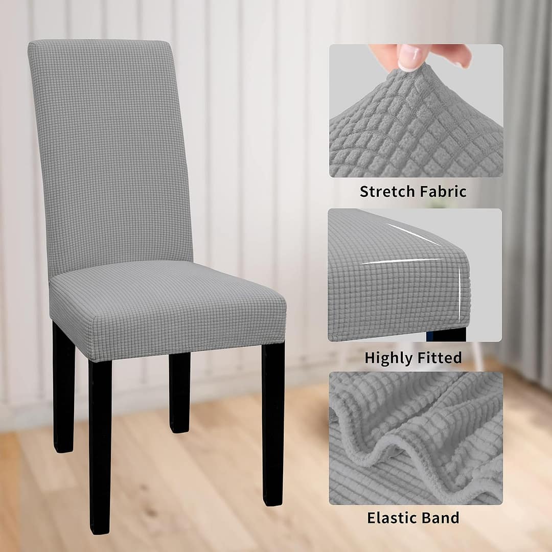 Easy-Going 100% Waterproof Dining Room Chair Cover Set of 6, Stretch Jacquard Parson Chair Slipcover Removable Washable Chair Protector for Home, Restaurant, Banquet (Large, Light Gray)
