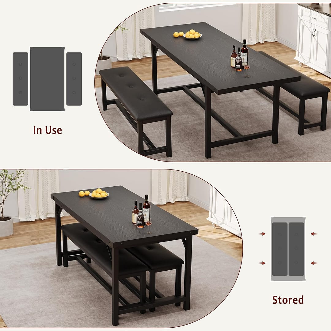IDEALHOUSE Dining Table Set for 4-6, 63″ Extendable Kitchen Table with 2 Upholstered Bench Set for 6, Metal Frame Rectangle Small Kitchen Table Set for 4 for Apartment, Space Save, Retro Black