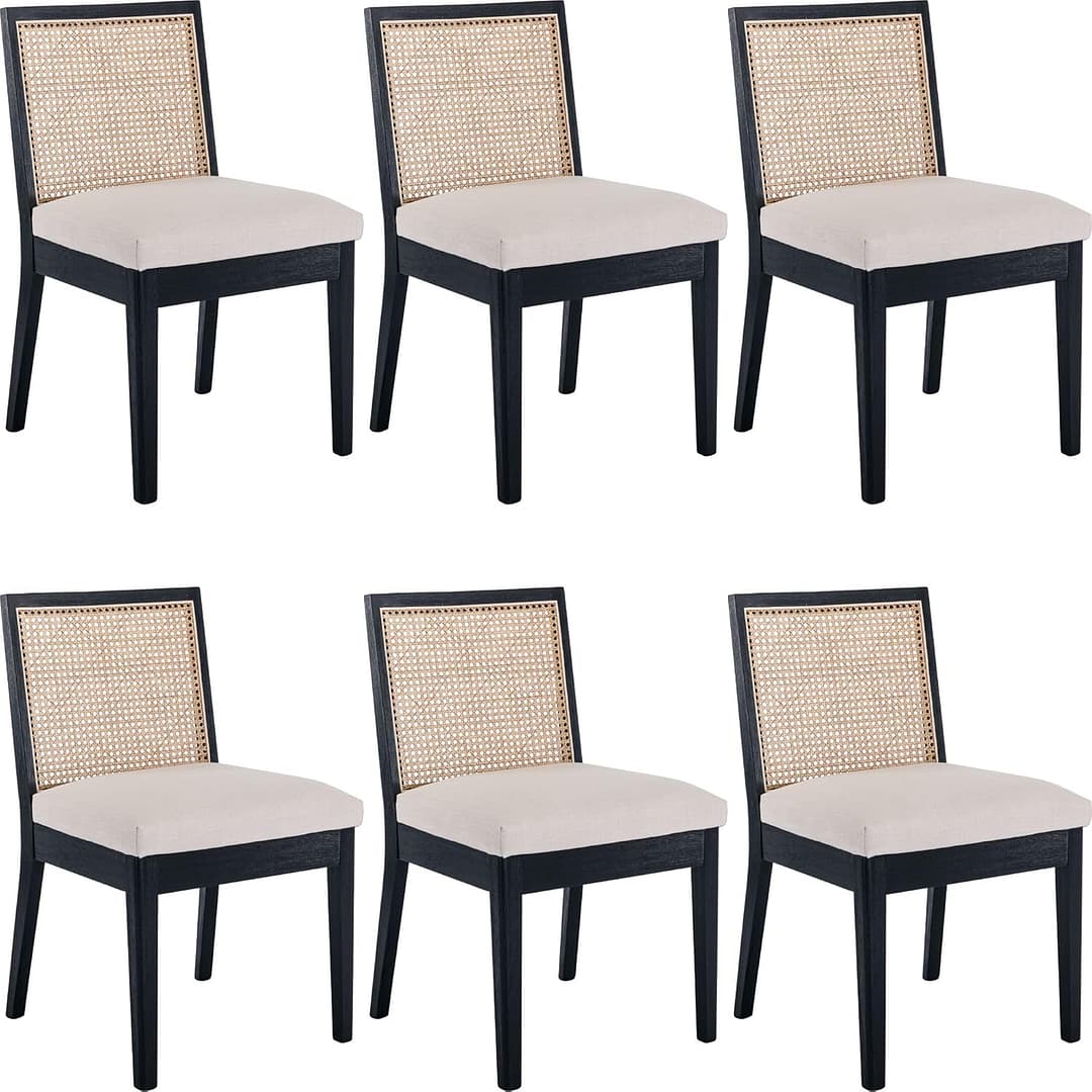 Farmhouse Rattan Dining Chairs Set of 6 Black Wood Dining Room Chairs Rectangle Cane Country Kitchen Chairs Upholstered Wood Dining Chair for Dining Room, Cream Linen