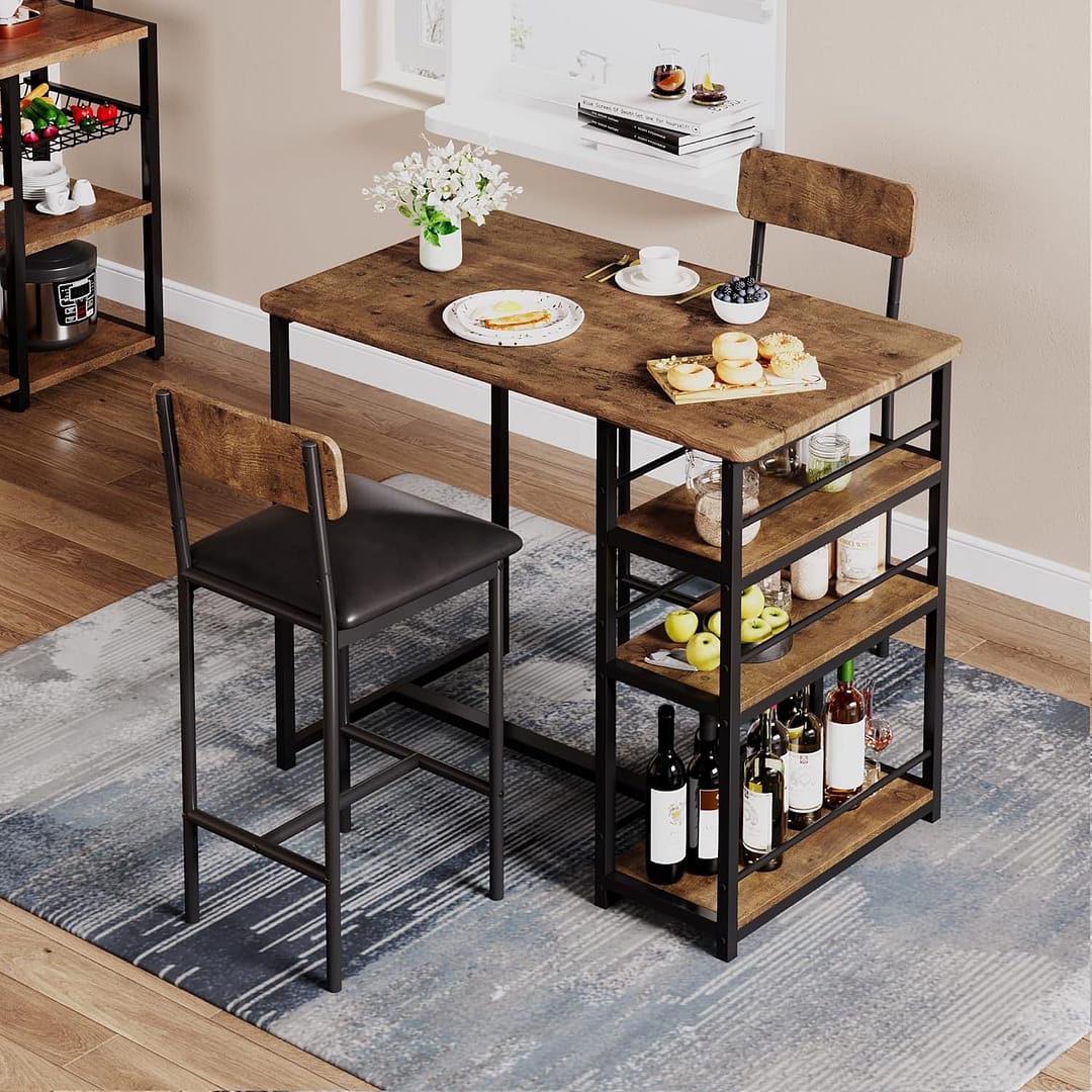 IDEALHOUSE Dining Table Set for 2, Counter Height Kitchen Table and Chairs, Bar Table Set with 2 Upholstered Bar Stools, 3 Piece Dining Room Table Set for Small Space, Apartment, Retro Brown
