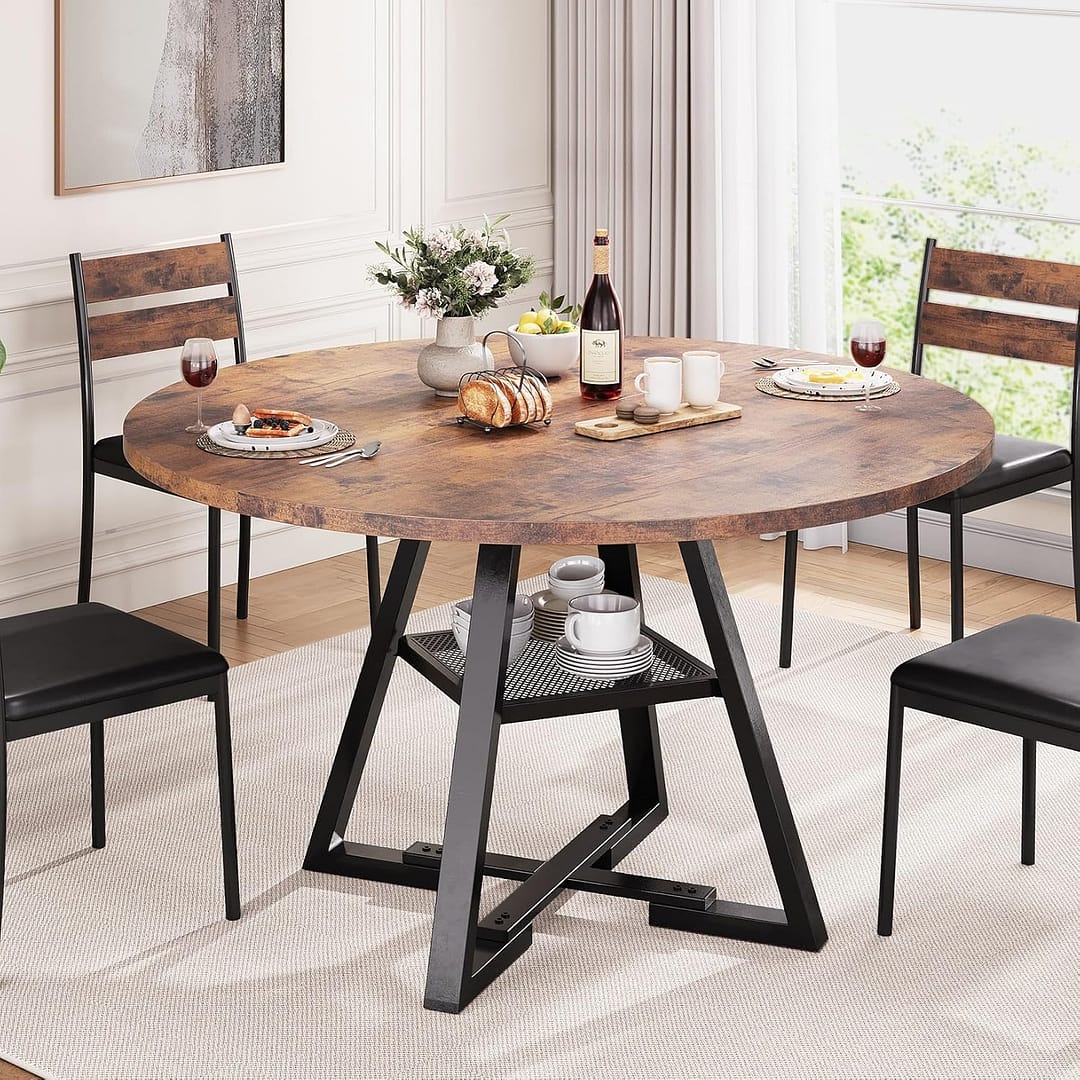 Round Dining Table for 4,Kitchen Dining Room Circle Dinner Pedestal Table,Space Saving Wood Kitchen & Dining Room Furniture (Vintage, 42In)