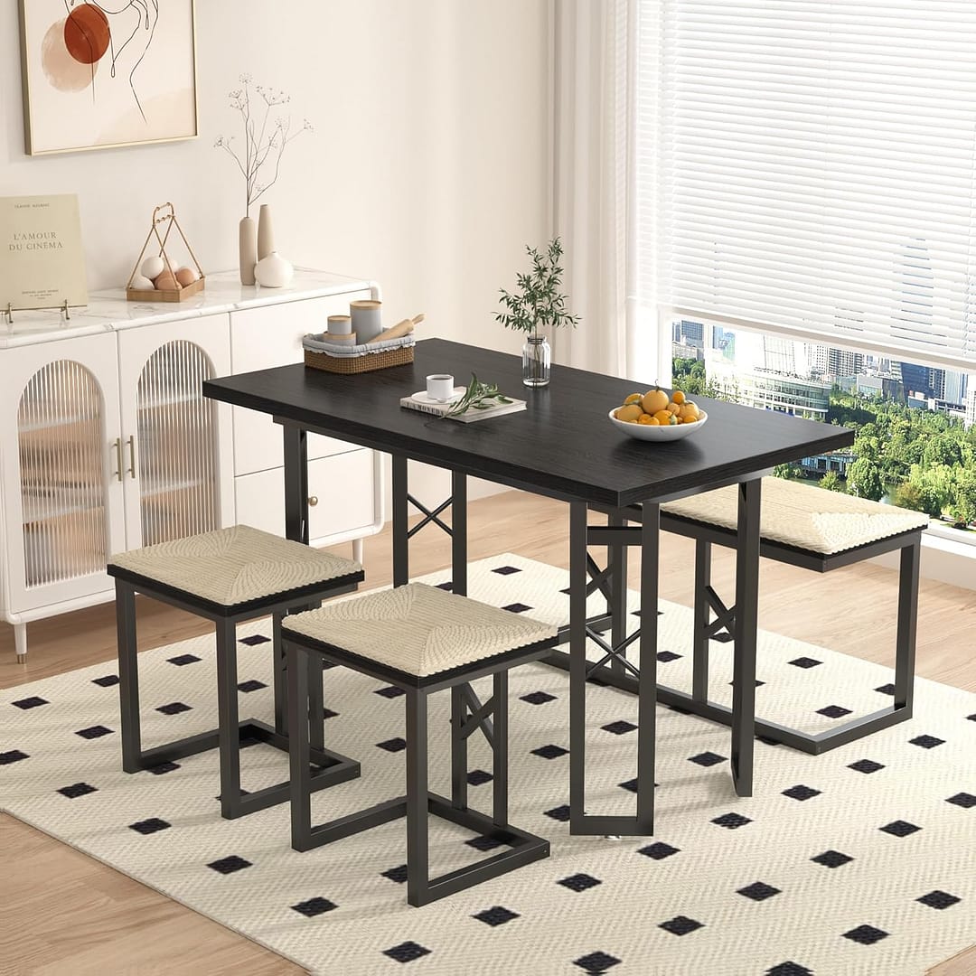 VECELO 43.3" Farmhouse Dining Room Table Sets with 3 Benches, Wicker Mats, Adjustable Feet, Space-Saving Breakfast/Coffee Table for Kitchen Dining, Pitch Black