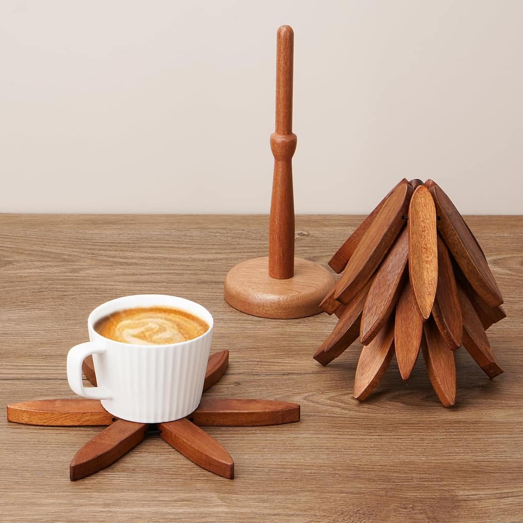 Tree Trivet Set – Foldable Wooden Tree Trivets for Hot Dishes, Set of 4 Heat-Resistant Coasters with Stand, Decorative Wooden Trivet Tree for Kitchen and Dining