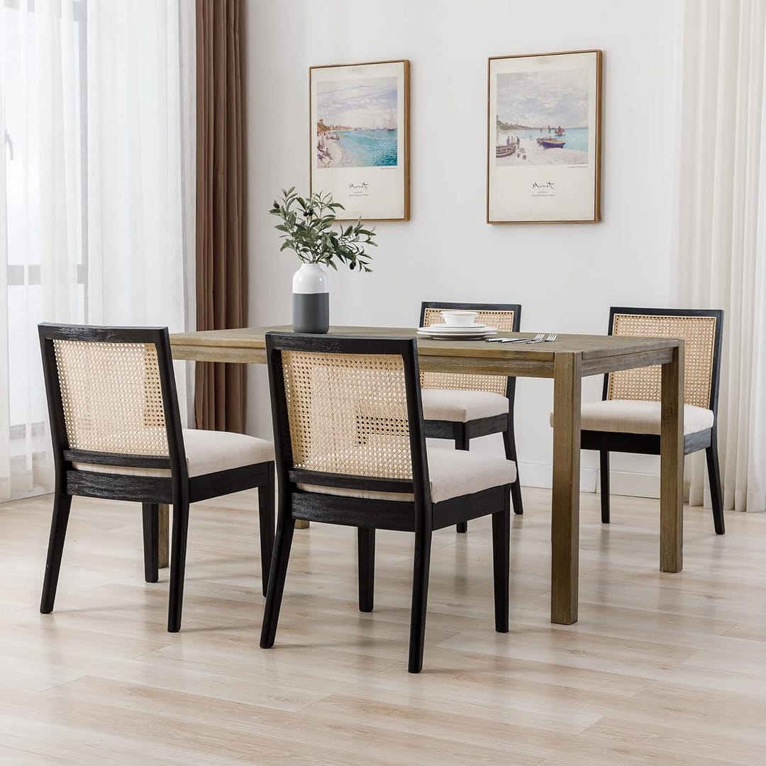 Farmhouse Rattan Dining Chairs Set of 6 Black Wood Dining Room Chairs Rectangle Cane Country Kitchen Chairs Upholstered Wood Dining Chair for Dining Room, Cream Linen