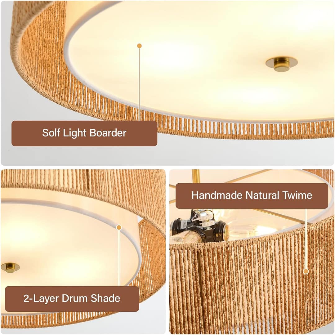 Boho Chandelier Chandeliers for Dining Room, Rattan Chandelier with Fabric Shade, Coastal Hand Woven Pendant Light Fixture for Kitchen Island Entryway Foyer Living Room Bedroom UL Listed