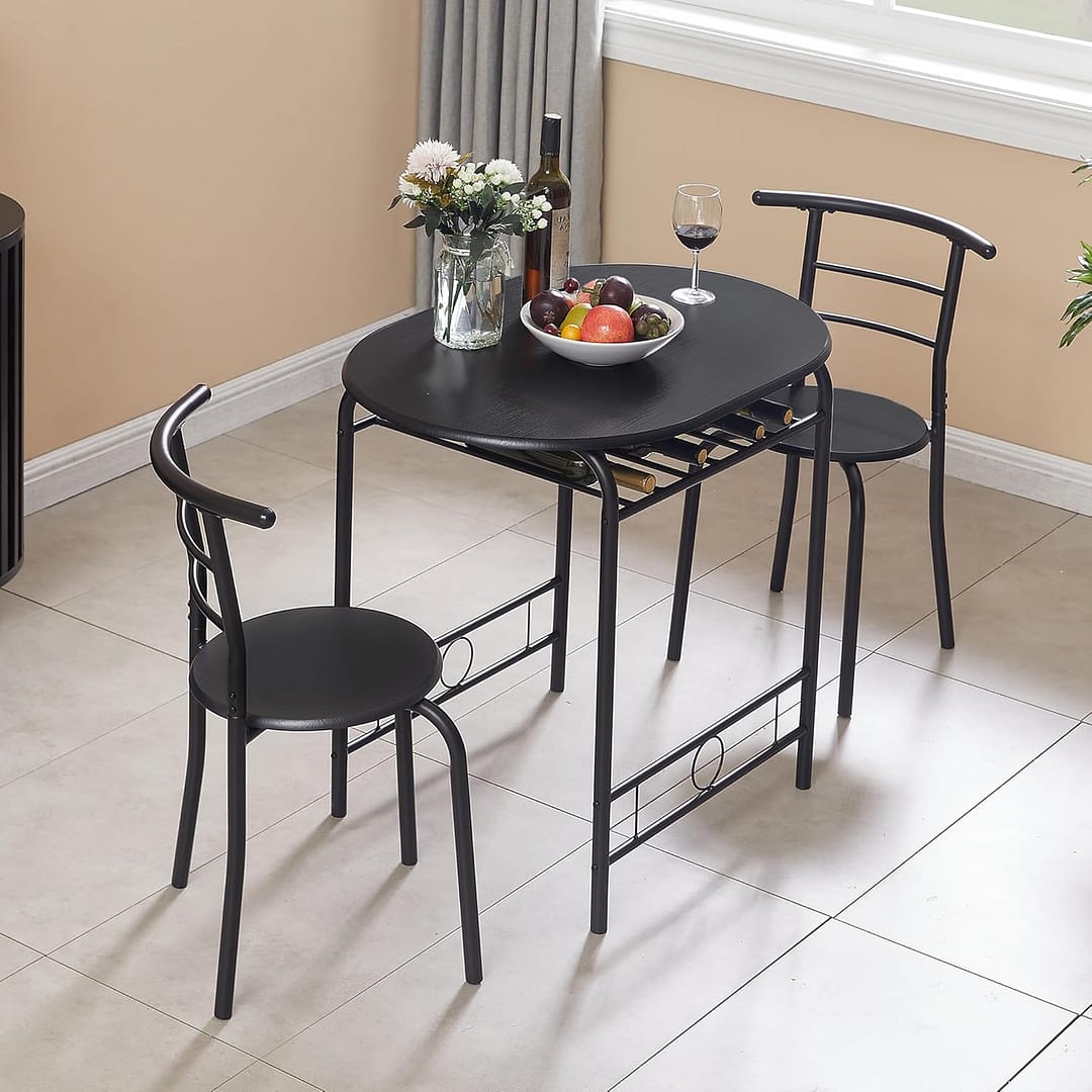 VECELO 3-Piece Dining Table Set for Kitchen Breakfast Nook, Wood Grain Oval Tabletop and Metal Frame with Built-in Wine Rack, for Small Spaces, 31.5″, Black
