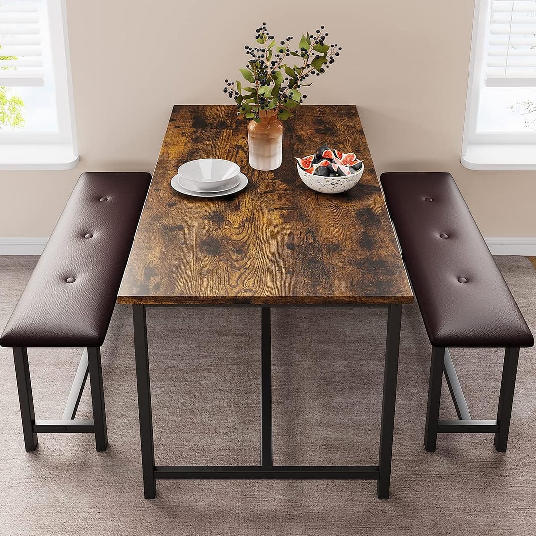 IDEALHOUSE 3 Piece Dining Table Set, Kitchen Table and Benches for 4, Rectangular Dining Room Table Set with 2 Upholstered Benches, Dining Table Set for Small Space, Apartment, Studio, Retro Brown