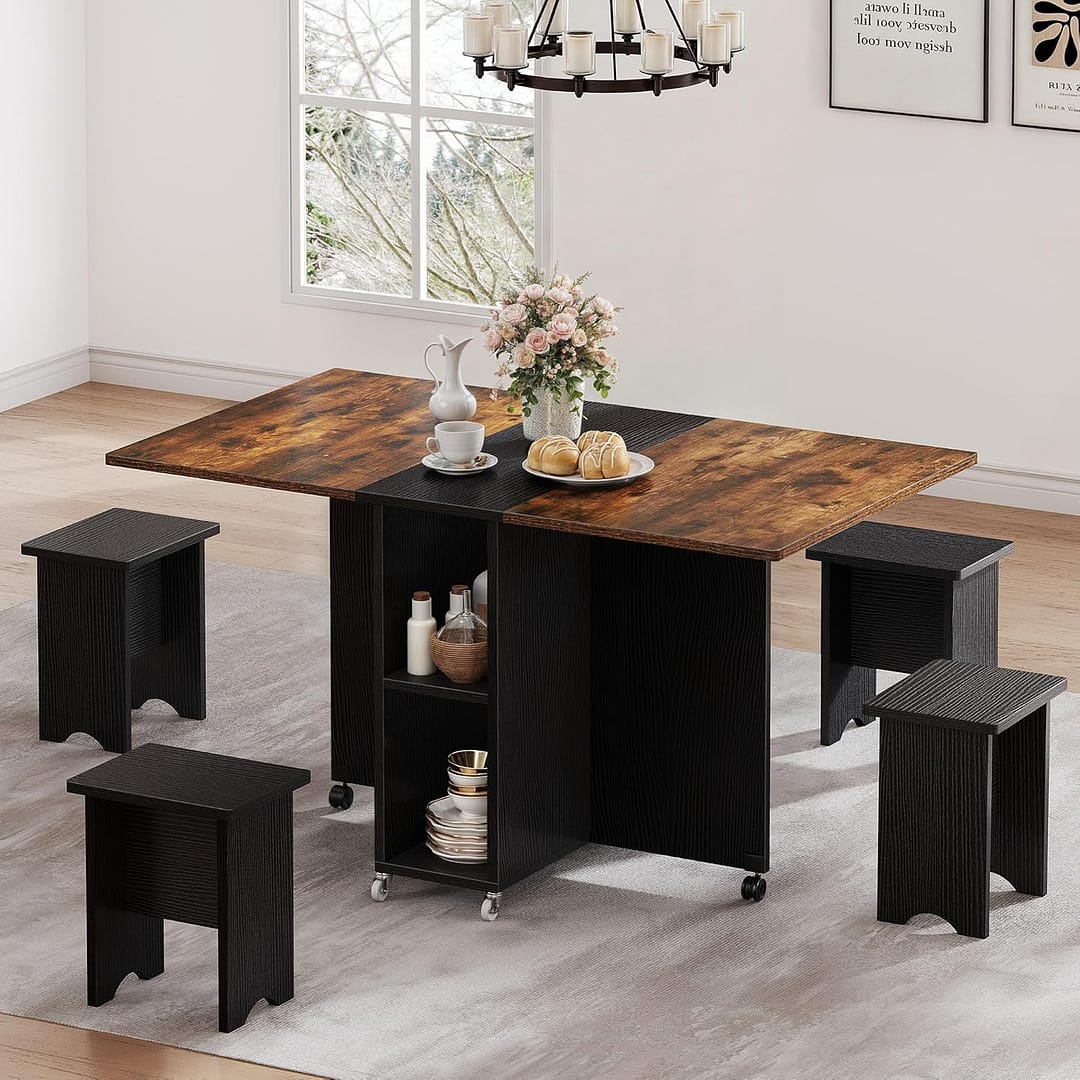 DWVO 5 Pieces Folding Extendable Dining Table Set with 4 Chairs for 4 Peoples 55 Inches Drop Leaf Wood Kitchen Dining Room Table Set with Storage and 6 Wheels for Small Space Saving, Rustic Brown