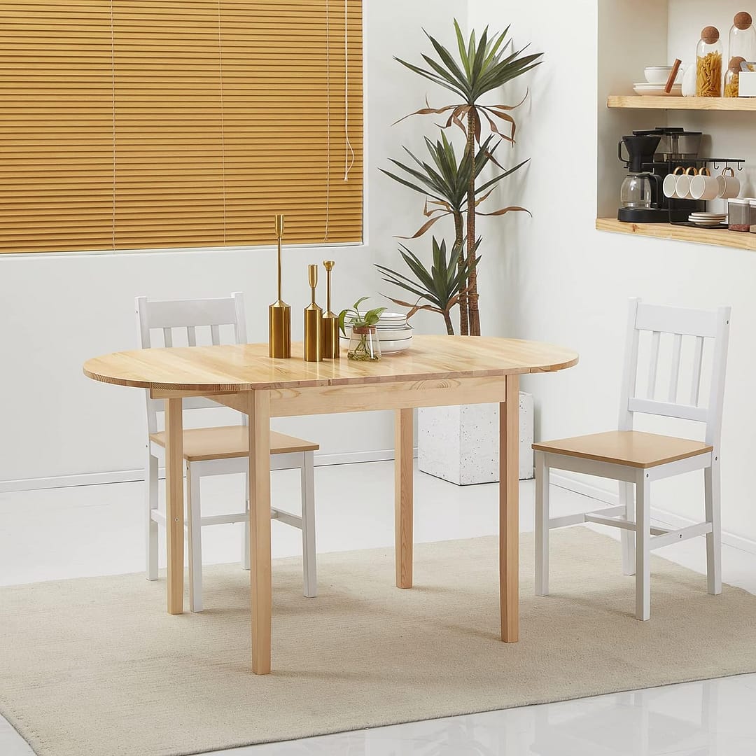 HOMCOM 55″ Solid Wood Kitchen Table, Drop Leaf Tables for Small Spaces, Folding Dining Table, Natural