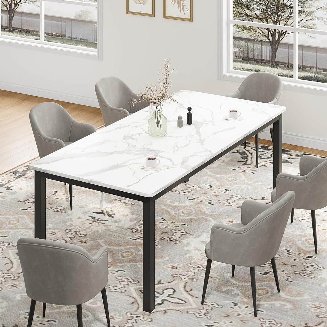 78.7in Industrial Dining Table for 8, Wooden Long Dinner Table with Mortise Tenon Design, Kitchen Table with Sturdy Metal Legs, for Dining Room Home Office Living Room, White Faux Marble