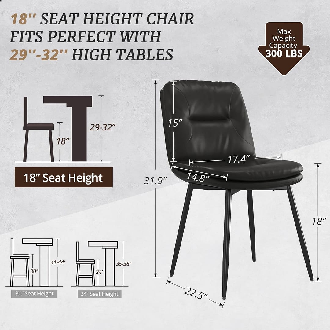 Dining Chairs Set of 4, Double-Layer Upholstered Kitchen & Dining Room Chairs, Faux Leather Dining Chair with Metal Legs, 18 inch, Black