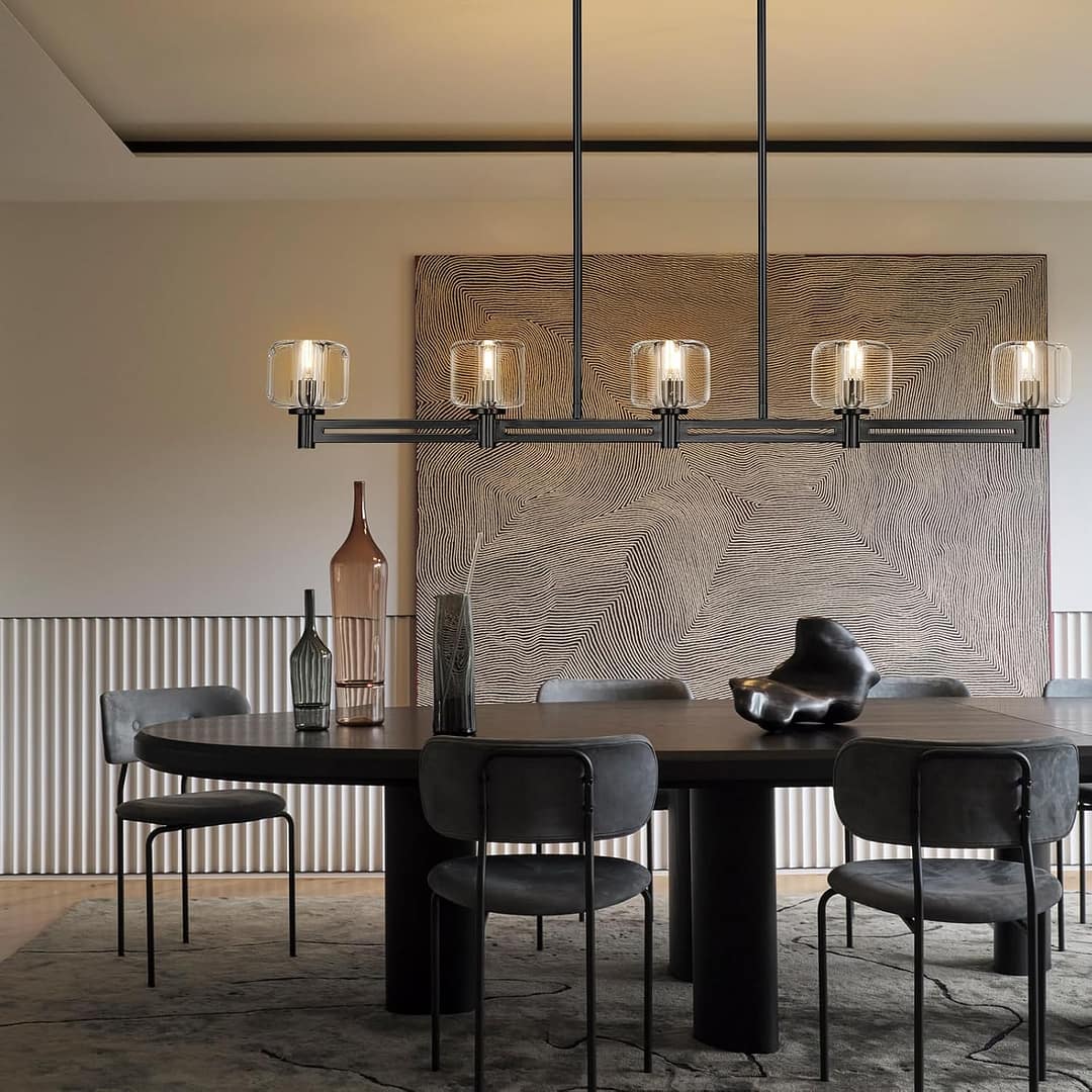 Modern Crystal Chandelier, 54″ Black Rectangle Chandeliers for Dining Room, 5-Light Kitchen Island Lighting, Light Fixtures Over Table,Pendant Lighting Fixture for Dining Room Bedroom